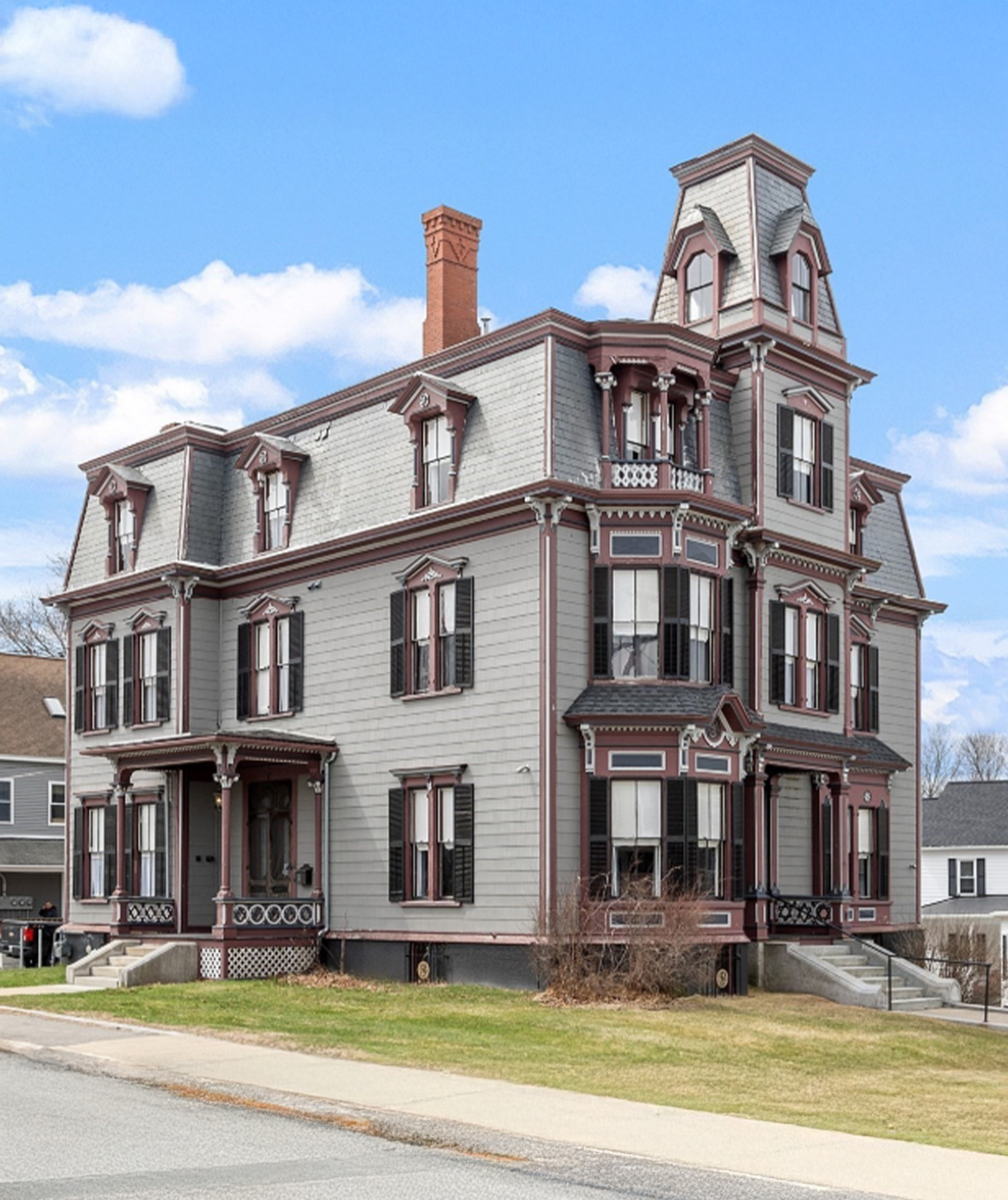 Modern terraced houses in a residential district on a cloudy autumn day